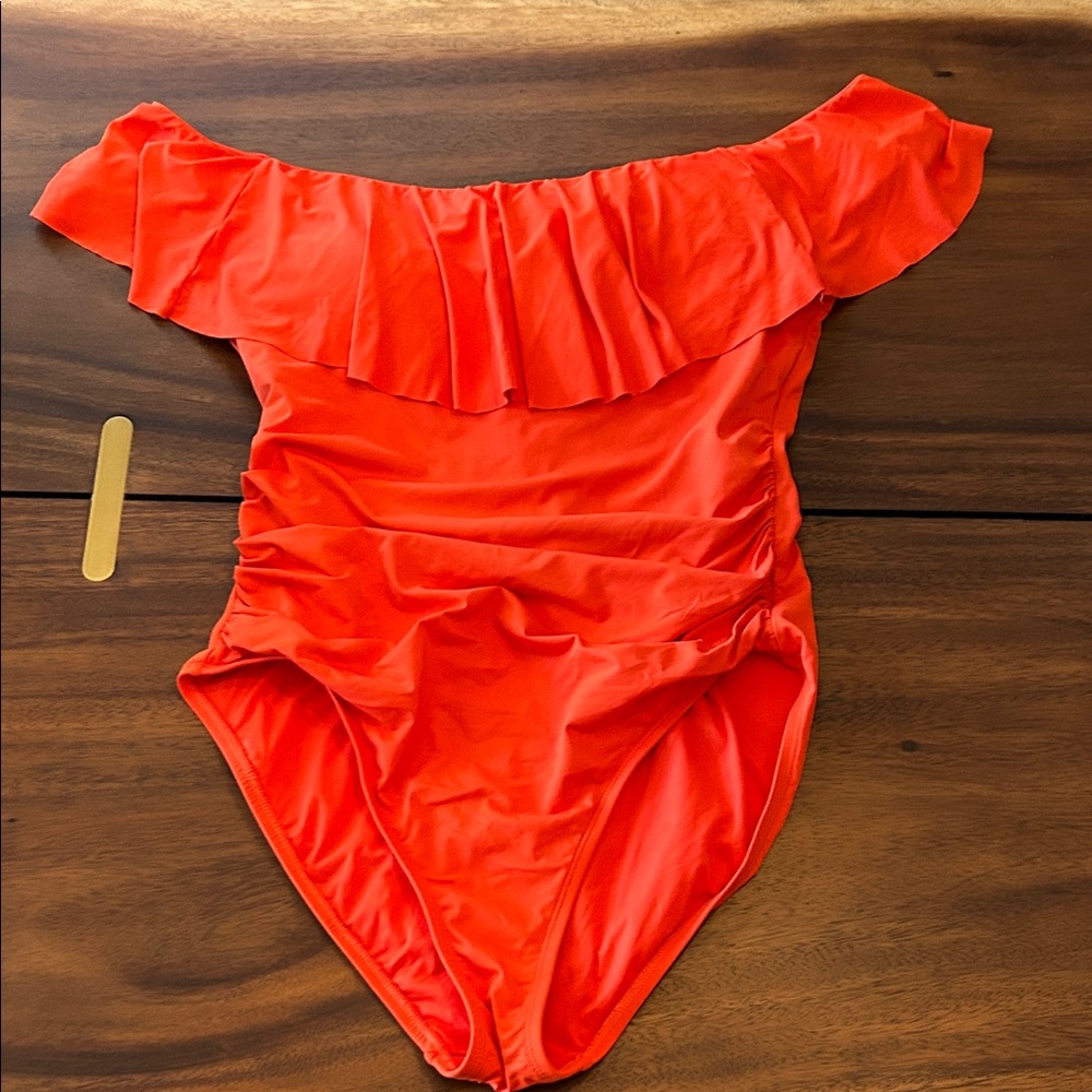 La Blanca Off-Shoulder Ruffle One Piece - Reddish Orange